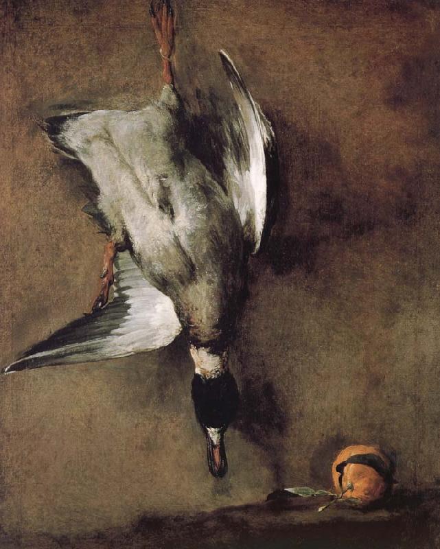 Jean Baptiste Simeon Chardin Wild ducks hanging on the wall, and the Orange